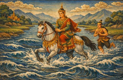 Buddha crossing river qua song coi ngua